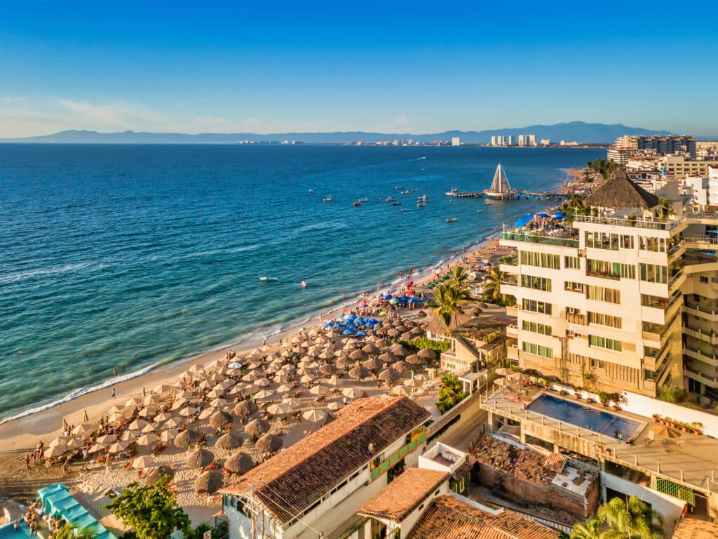 Aerial view of Los Muertos Beach, the most popular beach in Puerto Vallarta, Jalisco, Mexico.